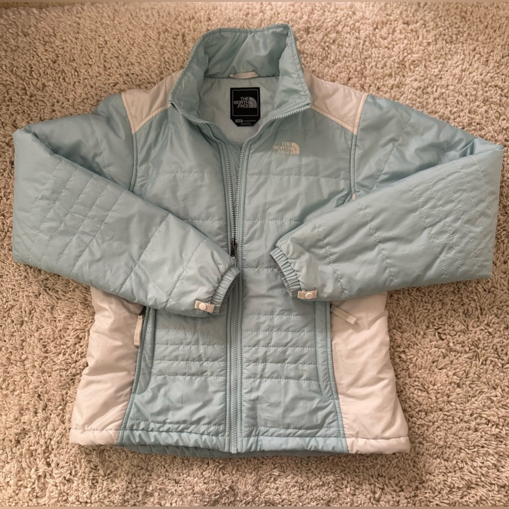 The North Face Women’s Sky Blue and White Quilted Jacket-Size M